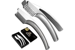 GOURMET EASY Schiaccia aglio in acciaio inox con 2 accessori | Spremiaglio per pezzi di aglio più grandi e trita finemente | Pressa per aglio e zenzero (non è necessario sbucciarlo) | Lavabile in lavastoviglie