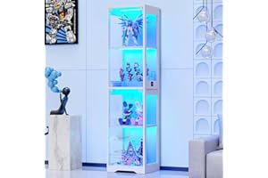 BROTTAR 63" Tall Display Cabinets with Glass Doors, Glass Bookcase Bookshelf with 3 Color Lights & Human Body Sensor, File Cabinets for Office Living Room Bedroom Furniture, White