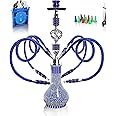 Hookah Complete Set with 4 Hose, 22'' Large Shisha Kit for Up to 4 Persons with Everything Included, Ceramic Bowl | Premium Hose | Beautiful Glass Vase (Blue OS1)