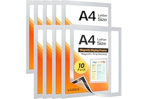 VAIIGO A4 Magnetic Sign Holder for Fridge, 10Pack Magnetic Display Frame for Fridge Whiteboards and Metal Surfaces, Picture Frame, Document Paper Holder, Silver