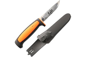 WPW Jagdmesser mit Berglandschaft Gravur, orange/schwarz, 91 mm Carbonstahlklinge, inkl. Kunststoffscheide