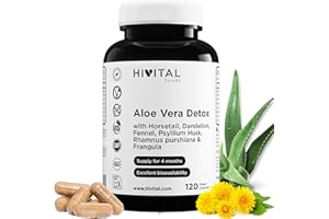 HIVITAL FOODS Aloe Vera Detox. 120 gélules végétaliennes pour 4 mois de traitement. Avec Cascara Sagrada, Bourdaine, Prêle des Champs, Pissenlit, Fenouil et Psyllium. Fabriqué en Europe par HIVITAL