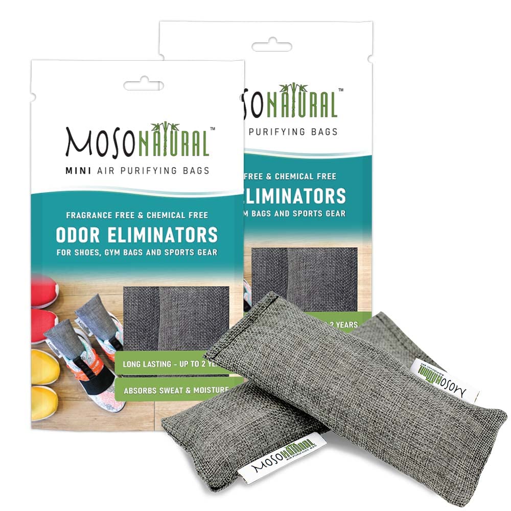 MOSO NATURAL Air Purifying Bag Shoe Deodorizer. Odor Eliminator For Gym Bags, Sneakers And Sports Gear Charcoal Color 75gm*2 (2 Packs of 2. 4 Total), Long Lasting Charcoal Bags | Lasts up to 2 years!