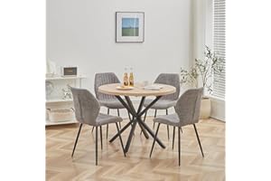 DEYARNA HOME Essgruppe 5-Teilig, 100cm Runder Esstisch und 4 Leinen-Esszimmerstühle, Esstisch und Stühle für 4 Personen, 4 Stühle & Tisch für Küche, Esszimmer und Wohnzimmer (Helle Holzfarbe+Grau)