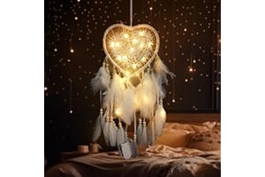 Kikuo Traumfänger Weiß Mädchen, Hollow-Out Heart Dreamcatcher mit Led String Lights, Handgemachte Dream Catchers Feder Wandbehang Dream Catcher für Mädchen Zimmer Deko Hochzeit Handwerk Geschenk