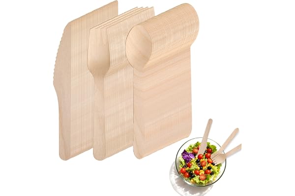 Set med 150 st bestick i trä – 50 gafflar, 50 knivar, 50 skedar – Hållbart och miljövänligt bestick som alternativ till engångsbestick, perfekt som bestick för