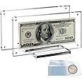 ToyaJeco 2Pcs Acrylic Dollar Bill Holder, Clear Currency Paper Money Display Frame, 7.3 x 3.4 in Dollar Bill Case with 50Pcs Single Pocket Coin Flips for Regular Bill Collectors Collections