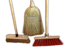 Lot de 3 Ensembles de 3 balais d'extérieur | Cantonnier Brosse PVC 32 cm | Fibres de Coco Naturel 29 cm | Paille de Riz 35 cm | Manches Bois | Kibros 3LOTBx3