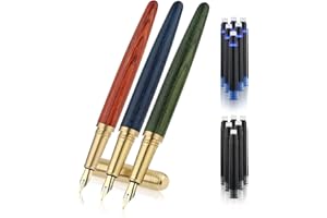Cobee Set di 3 penne stilografiche vintage in legno, realizzate a mano, di lusso, da 0,5 mm, scrittura liscia, con 6 cartucce di inchiostro nero da 2,6 mm, per diari, calligrafia, scuola e ufficio (B)