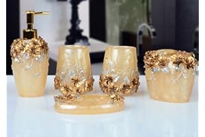 Yiyida Badezimmergarnitur Country Style, mit 3D-Blumen, Kunstharz, 5 x Bad-Accessoires, Set mit Seifenspender/Zahnbürstenhalter/Zahnputzbecher/Seifenschale gold