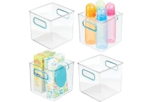 mDesign Juego de 4 cestas organizadoras para cuarto de bebé – Gran contenedor plástico con prácticas asas azules – Caja para juguetes, peluches o pañales en plástico libre de BPA – transparente/azul