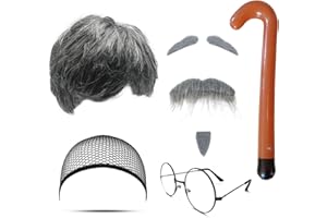 MIVAIUN 8 Pezzi Set Costume da Nonno Parrucca Nonno Parrucca da Vecchio Barba Grigia Parrucca Sopracciglia Cappello Occhiali Bastone da Passeggio Gonfiabile Costume da Pensionato Parrucca Uomo (Set-B)