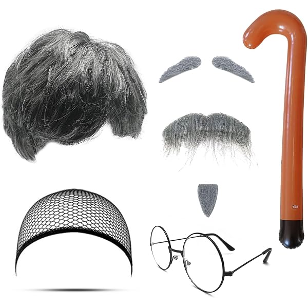 Kit 7 Pièces Déguisement Grand-Père - Perruque, Barbe Grise, Sourcils, Lunettes, Bonnet Pour Halloween, Carnaval, Cosplay
