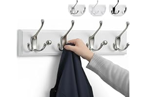 LARHN Appendiabiti da Parete Bianco – 4 Ganci Tripli – 42 cm – Attaccapanni da Muro Moderno in Legno per Ingresso, Cameretta e Bagno