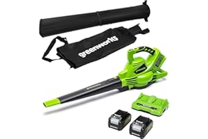 Greenworks 48V(24V x 2) Cordless Leaf Blower and Vacuum with 45L Mulching Bag & Shoulder Strap, 322km/h ,9m³/min, Two 24V 4Ah Batteries & double Charger, 3 Year Guarantee GD24X2BVK4X