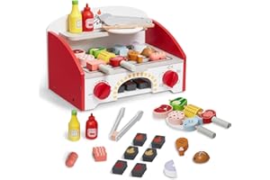 VEVOR Set da Gioco per Barbecue 26 Pezzi, Set da Gioco con Griglia in Legno con Fuoco Realistico al Carbonio, Accessorio da Cucina in Legno per Cibo Giocattolo, per Interni Esterni per Bambini, Regalo