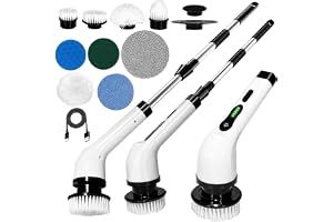 HR INTERNATIONAL Electric Spin Scrubber,Cleaning Brush Scrubber for Home, 400RPM/Mins-9 Replaceable Brush Heads-90Mins Work Time,Adjustable Size,2 Adjustable Speeds for Bathroom Shower (White)