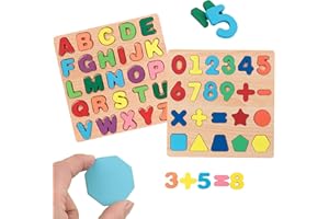 TLHWIN Drewniane puzzle z alfabetem, 2 sztuki, kolorowe alfabet, litery ABC, litery, liczby, masywne drewniane puzzle, gra planszowa, zabawka edukacyjna, prezent dla małych dzieci i przedszkolaków