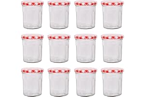Argon Tableware Glass Jam Jars with Airtight Red Gingham Lids - 150ml - Pack of 12 - Empty Screw Top Kitchen Storage Jar for Food, Honey, Spice, Pickling, Preserving, Candle Making