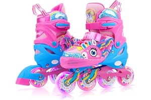 WESKIFAN Unicorno Pattini in Linea Bambina Pattini a Rotelle Bambina Pattini Regolabili Pattini a 4 Ruote con Ruote LED per Principianti Bambini Ragazza Regalo di Natale Compleanno