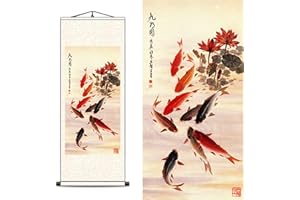 FOVNOT Asiatische Wanddeko, Chinesisch Wall Art Seide Schriftrolle Wandbehang Orientalisch Neun Fisch Deko Wohnzimmer Japanese Malerei Deko Schlafzimmer Wand Schriftrolle Gemälde
