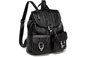 VASCHY Mini Sac a Dos Femme, Cordon Cartable Fille en PU Cuir avec Plein de Poches Mignonne Petit Sacs Portés Dos Femme Sac Dos College Fille pour l'Université Aller en Cours avec Boucle Lumière Noir