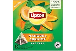 Lipton, Thé Vert, Thé Vert Aromatisé, Infusion à Froid ou Chaud, Goût Mangue & Abricot, Ingrédients d'Origine 100% Naturelle, 20 Sachets Pyramid