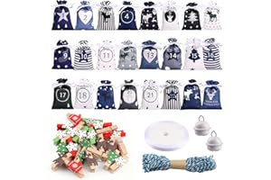 YunBey Kit de Bolsas para Calendario de Adviento Navideño - 24 Bolsas Regalo con Cordón, Decoradas con Números, Renos y Árboles, Incluye 10 Metros de Cuerda, 24 Pinzas y Cinta Satinada | Decoración pa