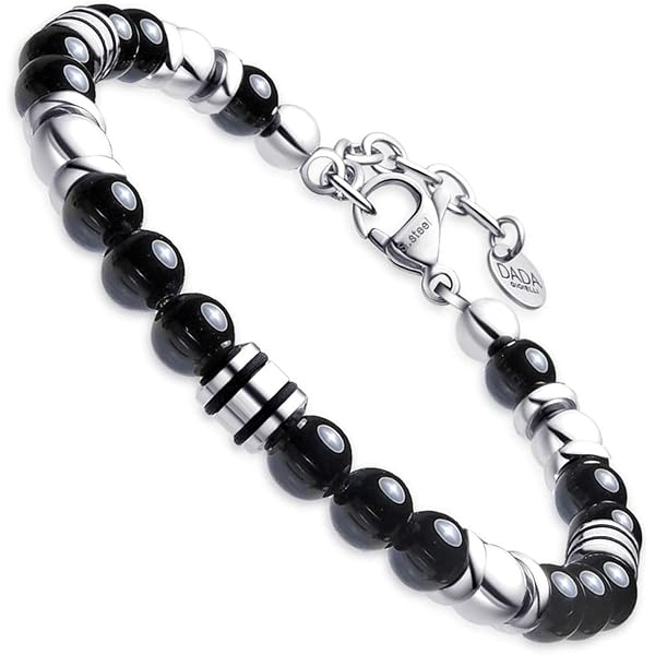 Unique Gems Bracciale Uomo In Acciaio Inox E Ossidiana – 8mm, Regolabile 19-24 Cm, Fatto In Italia