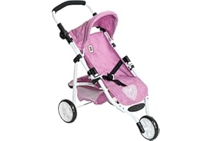 Bayer Chic 2000® Puppenbuggy Lola – Jeans Pink – faltbarer Puppenwagen – Griff höhenverstellbar 33-62 cm – 3-Rad Jogger – Puppen bis 50 cm – 3-6 J.