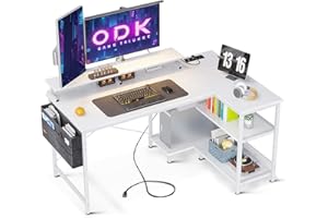 ODK Scrivania Angolare Reversibile, 120x80cm Scrivania Gaming a L con Porta di Ricarica USB e Presa di Corrente, Tavolo a L per Casa Ufficio, Bianco