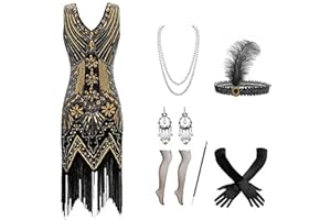 Gammify Abito da sera da donna anni '20, con scollo a V, con perline e frange, set di accessori 20