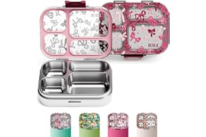 BEOLA Stainless Steel Lunch Box for Kids School, 4 Compartment Bento Box for Kids, BPA Free Tiffin with Lid, Leakproof Meal Container, Perfect as Snack Box, Lunchbox for Girls (Blush & Bows)