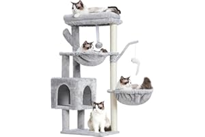 Heybly Arbol Rascador para Gatos, Arbol Gato de 100 cm de Altura con Plataforma Grande, Cueva, 2 Hamacas, Juguetes y Árbol para Trepar con Rascador, Gris Claro HCT006SW
