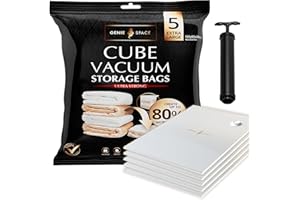 GENIE SPACE Sacs de Rangement sous Vide - Lot de 5, Extra Large, 100x80x38cm | Cube Gain de Place Robuste 100x80x38cm | Sac Hermétique Réutilisable pour Vêtements, Serviettes, Literie et Oreillers