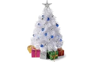 PREXTEX Mini Choinka w kolorze białym, 58 cm, mini choinka świetlna LED, ciepła biel, choinka z gwiazdą, zdobione prezenty i bombki, mini choinka do dekoracji bożonarodzeniowych