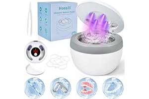 HOSSILI Ultrasonic Retainer Cleaner Machine, 45kHz 200ML Dental Cleaning Pod with 4 Wash Modes, Digital Timer for Denture Cleaner, Aligners, Mouth Guards, Braces, Jewelry & Toothbrush Heads (White)