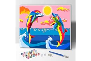 ifymei Dipingere con i Numeri per Bambini e Adulti Principianti, Kit Regalo da Disegno per Bambini e Bambine, Gioco Creativo per Bambini 6+ Anni - 30x40 cm - Con Telaio - Colorato Delfino