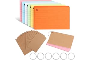 TNEDFOD 300 Sheets Index Cards, 12.3 x 7.3 cm Lined Index Card with Ring and Kraft Paper Cards, Colourful Paper Cards for Vocabulary Learning, Learning Formulas, or Notes (6 Colours)