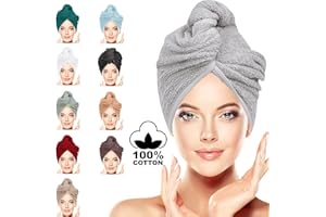 BAVIN LUXURY Hair Towel Wrap 100% Cotton, Instant Drying Lightweight Turban Cap Super Quick Absorbent Anti-Frizz Twist Toweling Dry Hat with Button Loop for Long Curly Hairs, 62CM x 23CM Silver Single