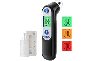 ‎VIPROUD Ohrthermometer für Baby Erwachsene, Ohr Fieberthermometer mit Alter Präzision und farbcodierte Temperaturanzeige, digitales infrarot-Thermometer mit 21*Einweg-Schutzkappen (Schwarz_Blau)