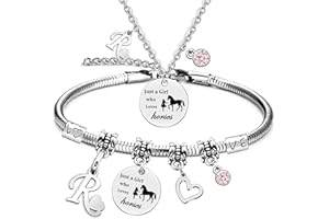 LOCCY Horse Bracelet for Girls, Horse Gifts for Girls, 26 Initial Letters Horse Pendant Necklace Jewellery, Silver Girls and Horse Necklace for Girls, Horsey Things for Girls Horse Lovers
