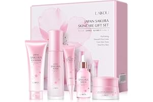 LAIKOU Sakura Ensemble de Soins du Visage, 5 Pièces Coffret Soin Adolescente Fille, Coffret Soin Visage Sakura, avec Nettoyant Visage, Toner, Contour Yeux, Sérum, Crème