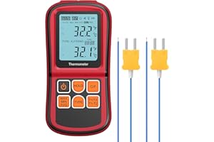 Digital Thermometer, Kamtop Dual Channel Thermometer with Two K Type Thermocouple Probe, High Temperature Meter Dual Measurement Meter Sensor Backlight LCD Thermometer for K/ J/ T/ E/ R/ S/ N Type
