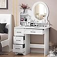 Dressing Table with LED Lights, Vanity Table with Adjustable Brightness Mirror, Makeup Desk with 4 Drawers and Open shelves, Wooden Modern Bedroom Dresser, Makeup Table with Mirror for Bedroom White