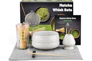 DULEIAU RAVFD Matcha Kit (7pcs), Juego de té japonés, Batidora de Matcha de Bambú, Cuenco de Matcha, Cuchara, Colador, Portacucharas, Soporte para la Batidora,Kit de Ceremonia Matcha -Blanco mate