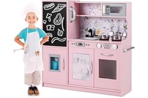COSTWAY Cocina de Juguete de Madera, Cocinita Infantil con Pizarra, Teléfono, Microondas, Fabricador de Hielo, Lavavajillas, Horno y Sonidos Simulados para Niños y Niñas de 3 a 6 Años (Rosa Claro)