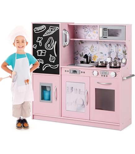 Cocina De Madera De Juguete Para Niños Con Microondas Campana Extractora Estufas Fregadero Fabricador De Hielo Y 18 Accesorios