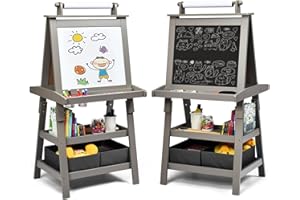 COSTWAY 3 in 1 Cavalletto per Bambini con Doppia Faccia, Cavalletto per Disegno con 2 Vassoi e 2 Scatole, Lavagna Bambini in Legno (Grigio)
