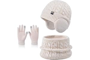 ENWOKRAN D'hiver Enfant Bonnet avec Cache-Oreille Écharpe Gants 3 en1, Doublure Intérieure en Polaire Bonnet en Tricot Chaud Élastique Cache-Cou Gants à écran Tactile pour Fille Garçon 4-10